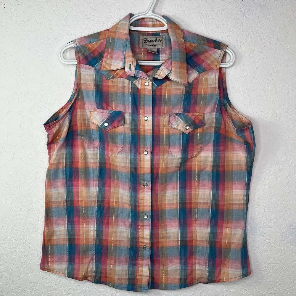 Wrancher by Wrangler Sleeveless Snap Pearl Button Plaid Shirt Size L